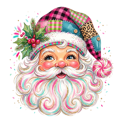 A colorful illustrated Santa Claus face with a fluffy white beard, pink cheeks, and a patchwork Santa hat in pink plaid, green gingham, teal, leopard print, and glitter accents, shown on a white background with small confetti dots.