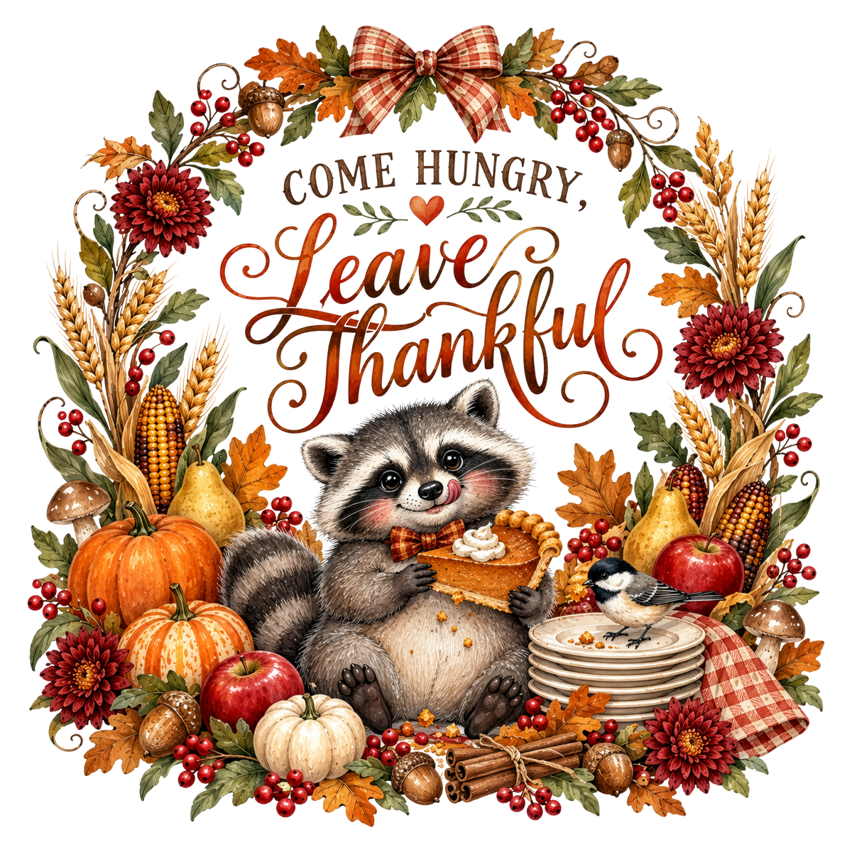 A festive autumn-themed graphic with the phrase “COME HUNGRY, Leave Thankful” in the center, surrounded by a detailed wreath of fall foliage, pumpkins, corn, apples, plates, cinnamon sticks, and a raccoon holding a slice of pumpkin pie.