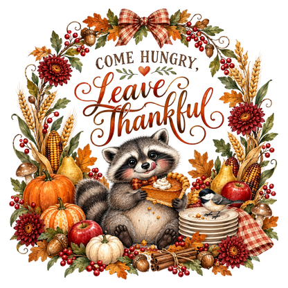 A festive autumn-themed graphic with the phrase “COME HUNGRY, Leave Thankful” in the center, surrounded by a detailed wreath of fall foliage, pumpkins, corn, apples, plates, cinnamon sticks, and a raccoon holding a slice of pumpkin pie.