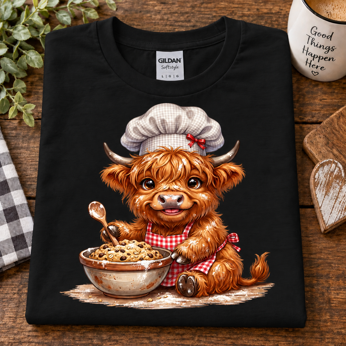 A black Gildan Softstyle t-shirt laid flat on a wooden surface, featuring a cartoon illustration of a fluffy Highland cow wearing a chef's hat and red gingham apron, holding a spoon over a bowl of cereal. The shirt is styled with a checkered cloth, green leaves, and a mug in the background.