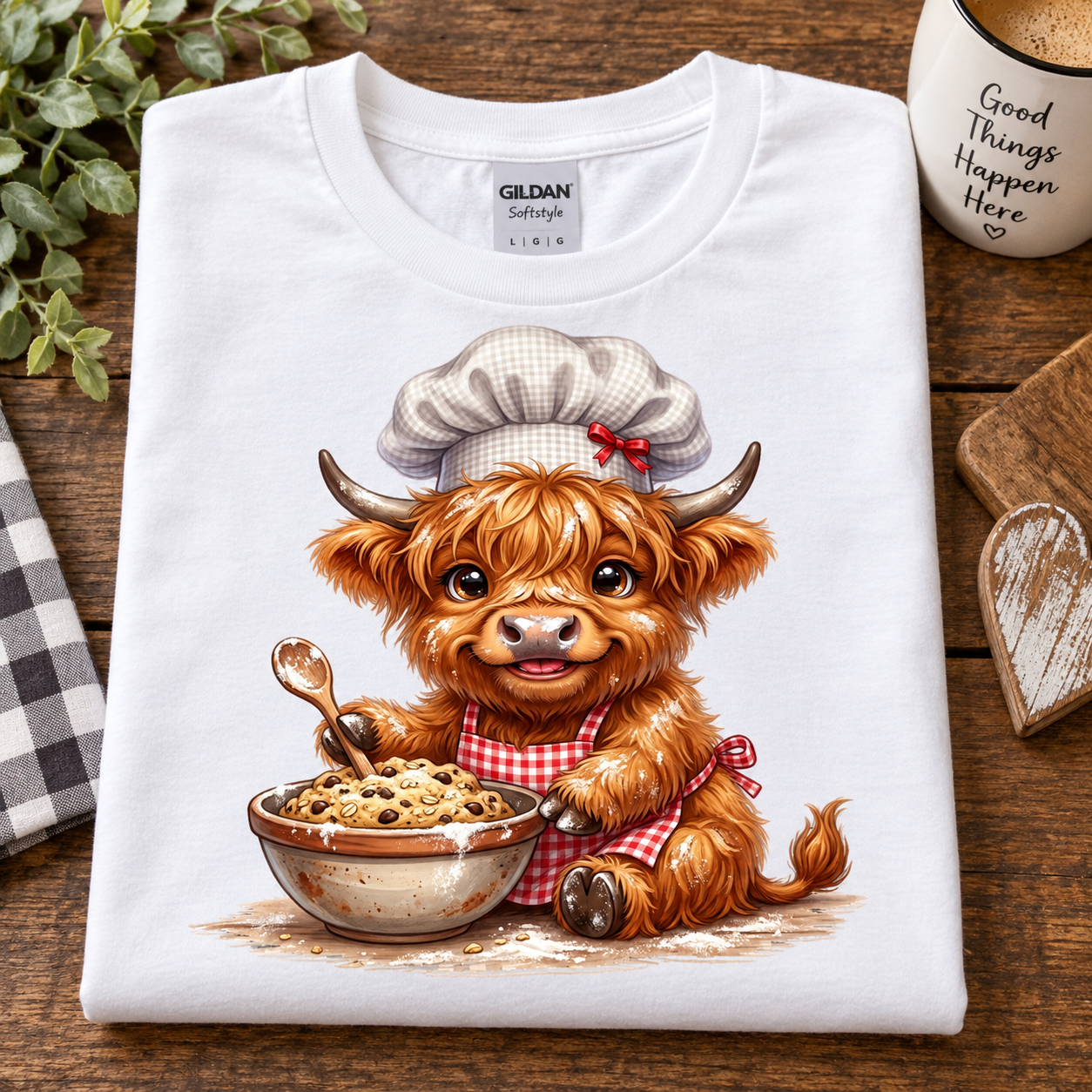 A folded white Gildan Satinwe t-shirt displayed on a rustic wooden table, featuring a cute cartoon illustration of a highland cow character dressed as a chef holding a bowl of cereal. The shirt is styled with a checkered cloth, green leaves, and a coffee mug in the background.