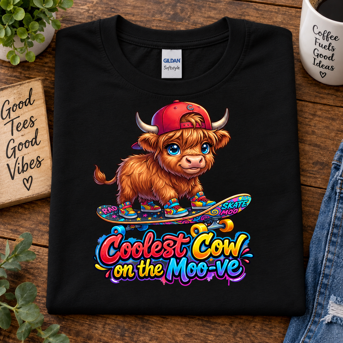 A black Gildan Softstyle t-shirt with a colorful graphic of a cartoon Highland cow on a skateboard and the text 'Coolest Cow on the Moo-ve', displayed in a flat-lay setting on a wooden table with lifestyle props.
