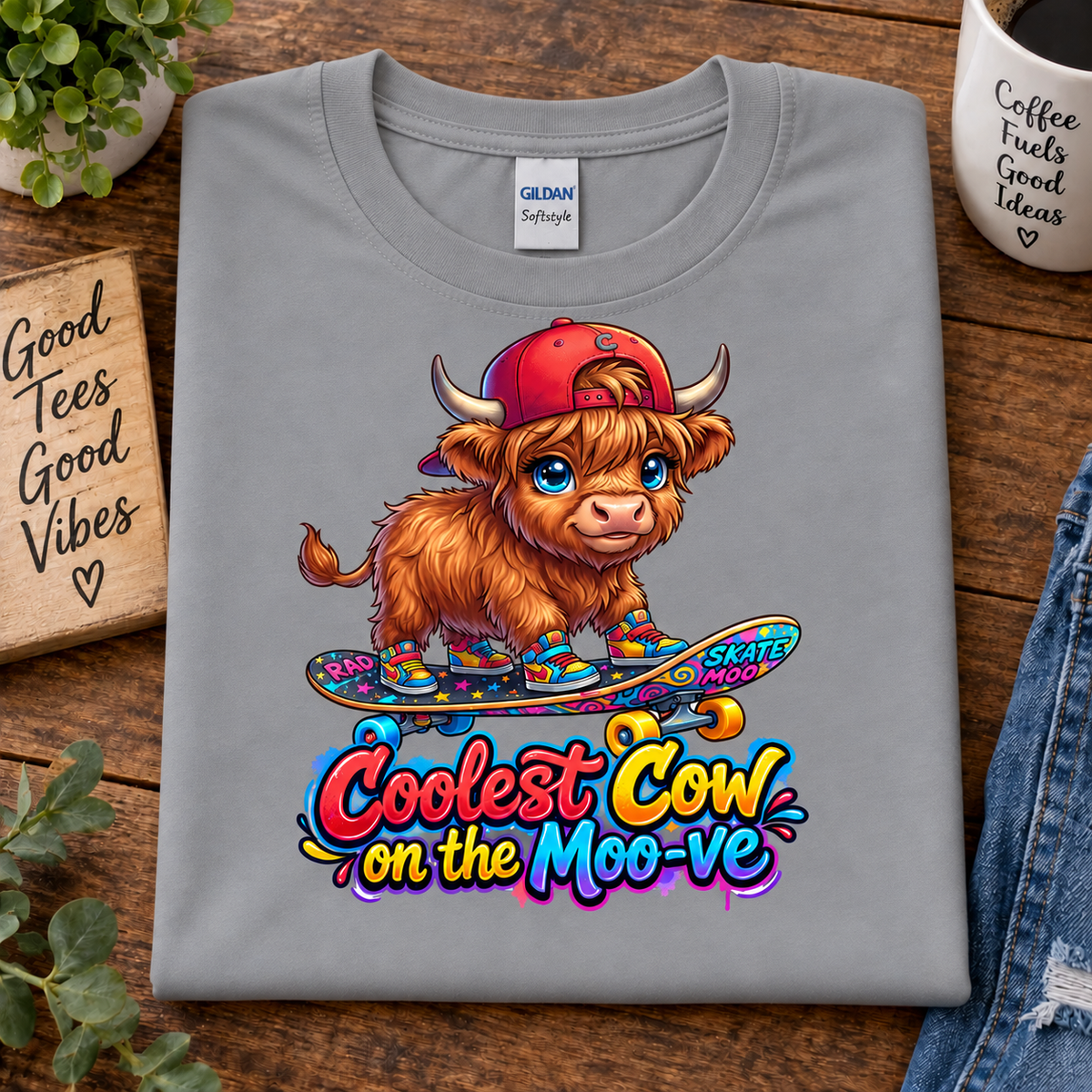 A folded sport grey Gildan Softstyle t-shirt is displayed on a rustic wooden table. The shirt features a colorful graphic of a cute, fluffy Highland cow wearing a red cap and boots, riding a skateboard, with the text 'Coolest Cow on the Moo-ve' written below in a playful multicolor font.