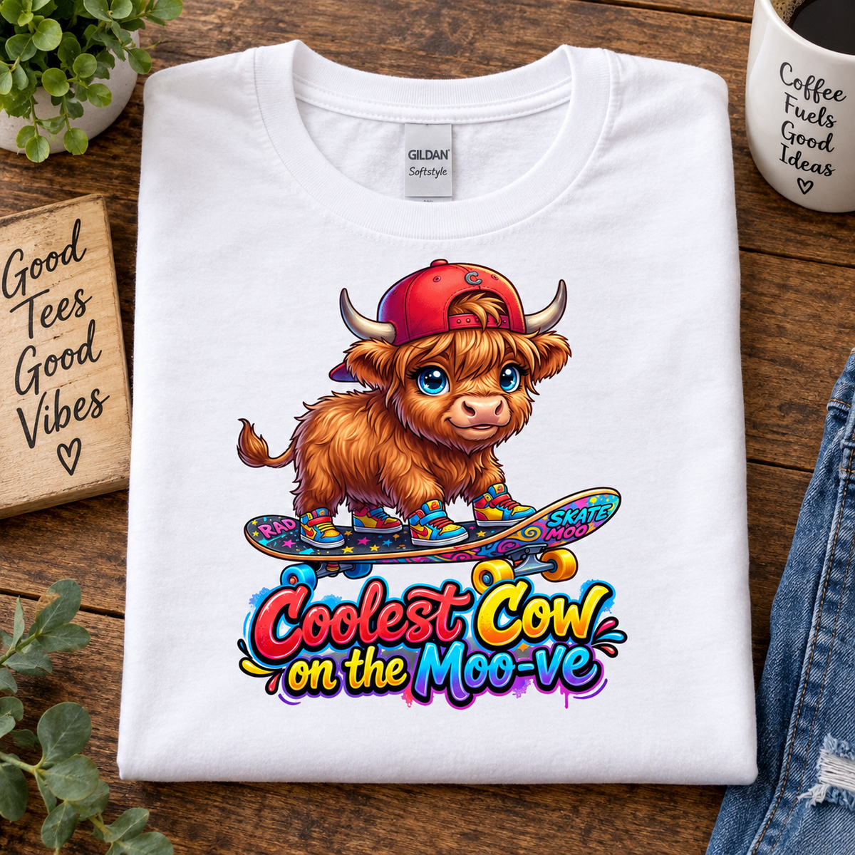 A folded white Gildan Softstyle t-shirt with a colorful graphic of a highland cow on a skateboard and the text 'Coolest Cow on the Moo-ve', displayed on a wooden tabletop with lifestyle props.