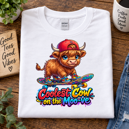 A folded white Gildan Softstyle t-shirt with a colorful graphic of a highland cow on a skateboard and the text 'Coolest Cow on the Moo-ve', displayed on a wooden tabletop with lifestyle props.