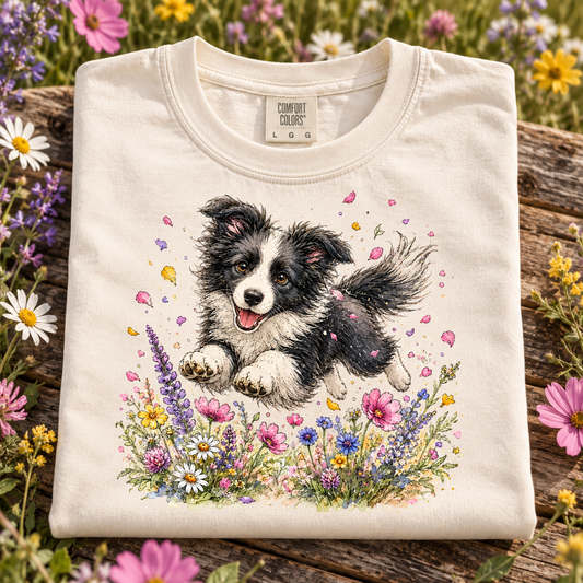 A folded ivory colored t-shirt with a graphic of a black and white puppy surrounded by colorful wildflowers, displayed on a rustic wooden surface surrounded by real flowers.