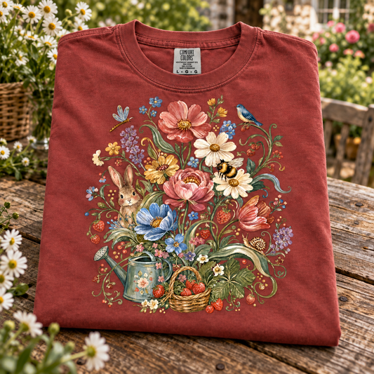 A folded brick red t-shirt with a colorful Easter-themed floral and animal graphic, displayed on a rustic wooden garden bench with white daisies in the background.