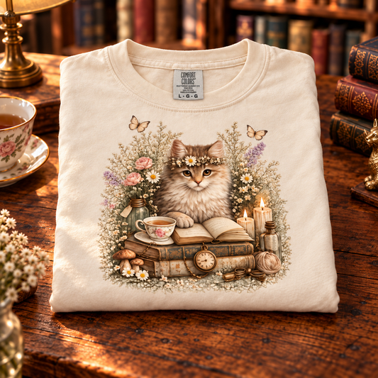 A folded ivory colored t-shirt is displayed on a rustic wooden table. The shirt features a detailed graphic print of a fluffy brown cat wearing a flower crown, reading an open book surrounded by candles, flowers, and butterflies.