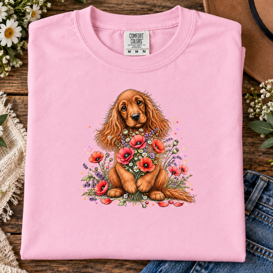 A blossom colored t-shirt with a graphic design of a brown long-haired dog sitting and holding a bouquet of red poppies, purple flowers, and white daisies, surrounded by scattered petals on a solid white background.