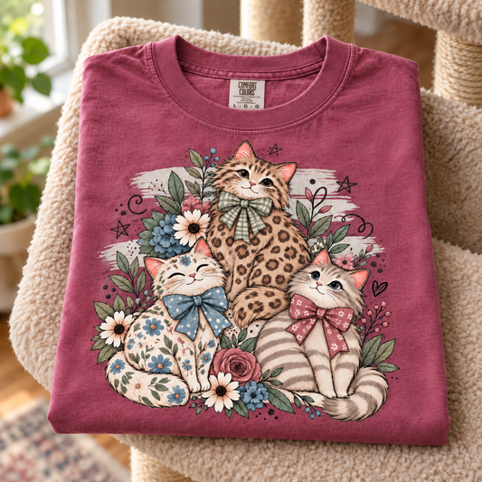 A folded berry colored crewneck t-shirt with a colorful graphic of three cute illustrated cats surrounded by flowers and bows, displayed on a beige textured chair.