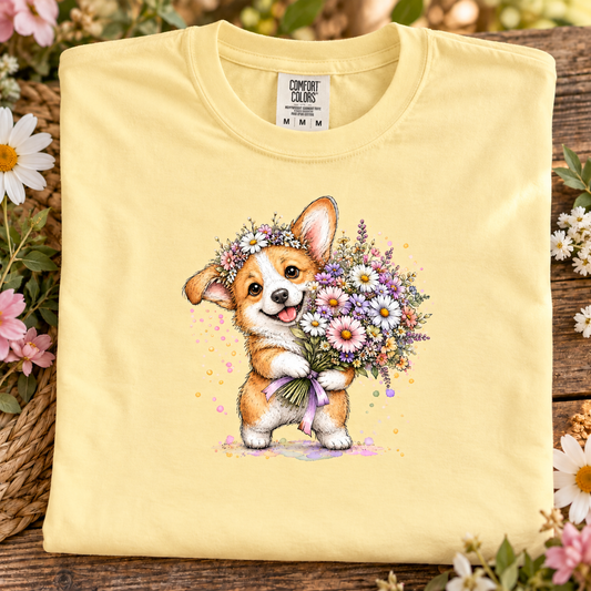 A butter yellow Comfort Colors t-shirt with a cute corgi graphic holding a bouquet of wildflowers, displayed in a flat-lay arrangement on a rustic wooden surface surrounded by flowers.