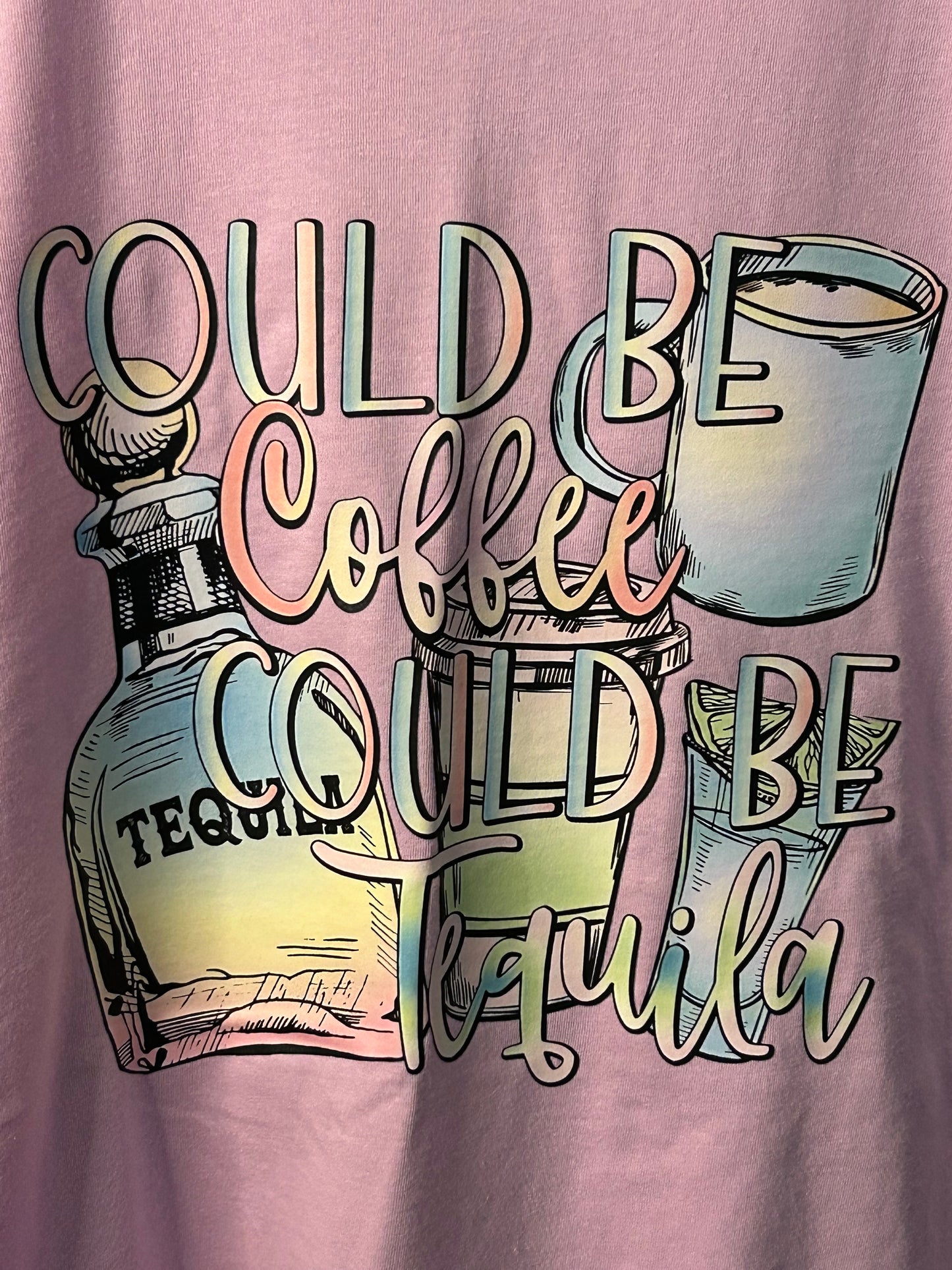 Colorful illustration of a bottle with text on a pink background