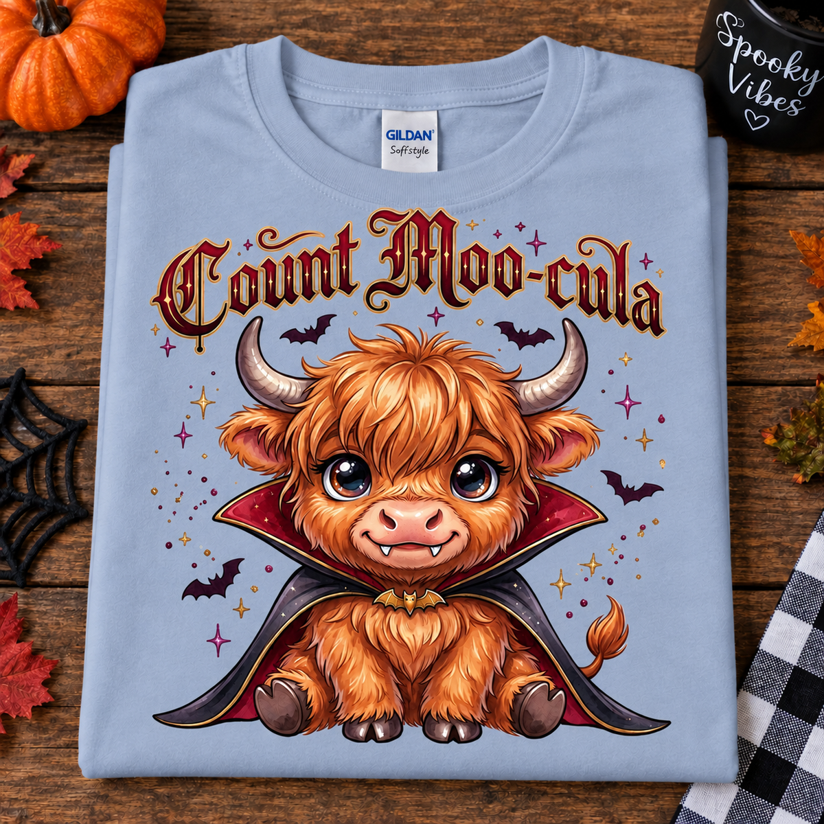 A folded light blue Gildan Softstyle t-shirt with a cartoon graphic of a cute orange Highland cow in a vampire cape and the text 'Count Moo-cula'. The shirt is styled in a flat-lay on a wooden surface with Halloween props including a pumpkin, spider web, and autumn leaves.