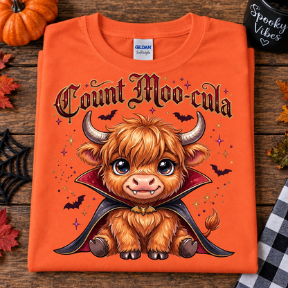 An orange Gildan Softstyle t-shirt with a cartoon Highland cow dressed as a vampire, displayed in a flat-lay Halloween setting with a pumpkin, spider web, and autumn leaves.