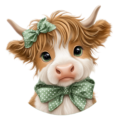 A stylized digital illustration of a cute brown and white cow with large green eyes, wearing a green polka-dot bow on its head and a matching green polka-dot bow around its neck, set against a solid white background.