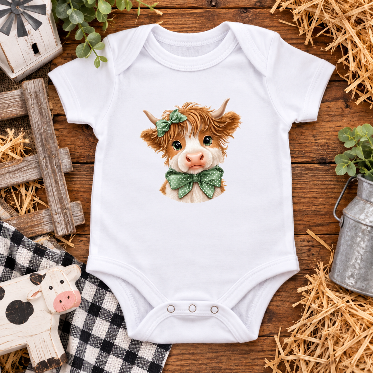 A white short-sleeve baby bodysuit laid flat on a rustic wooden surface, featuring a printed illustration of a cute brown and white cow with a green bow tie and bow headband. The bodysuit is styled with farm-themed props including straw, a small wooden barn, a galvanized metal bucket, a cow figurine, and greenery.