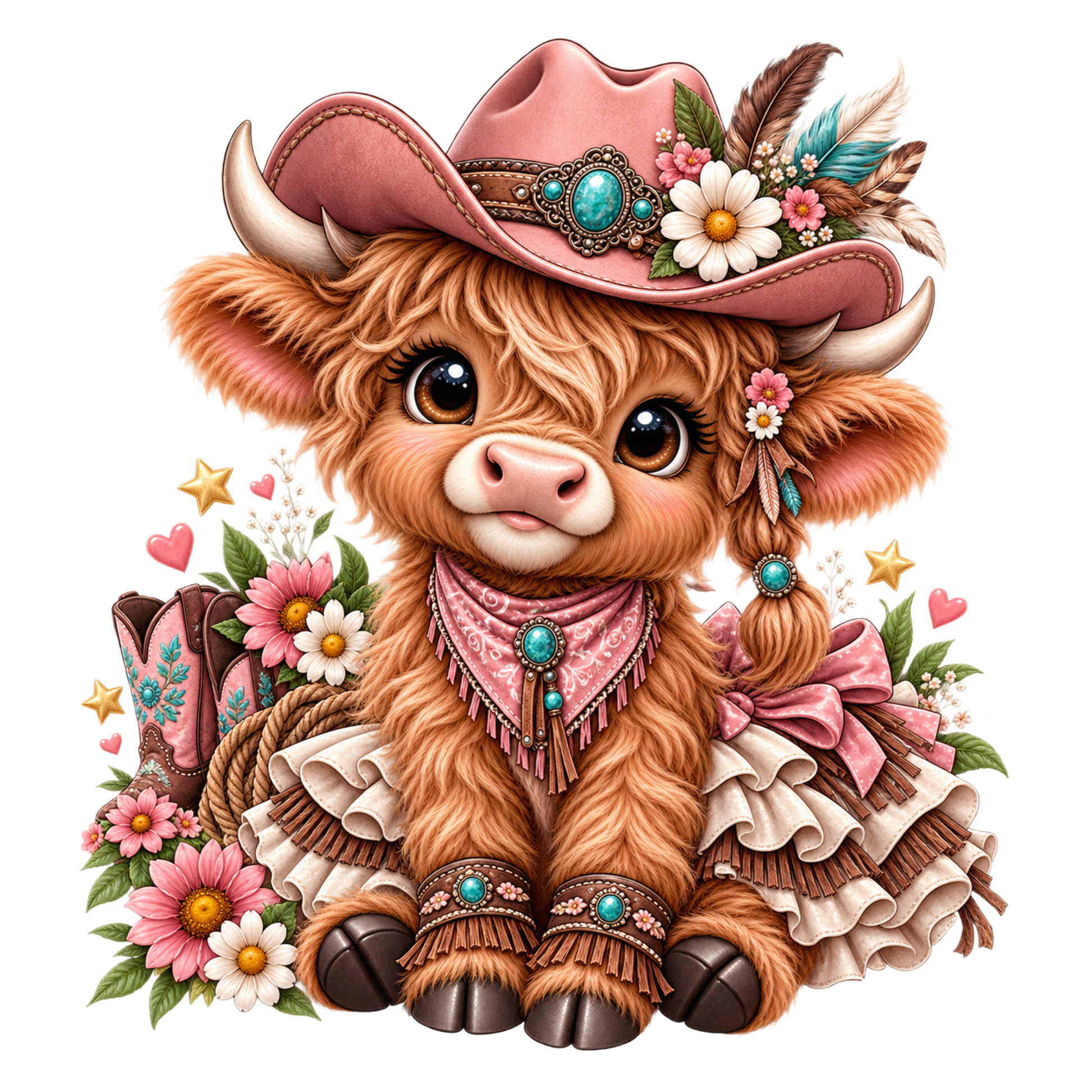 A cute graphic design cowgirl calf  wearing a pink cowboy hat with turquoise accents, a pink bandana, and floral decorations, shown on a plain white background.