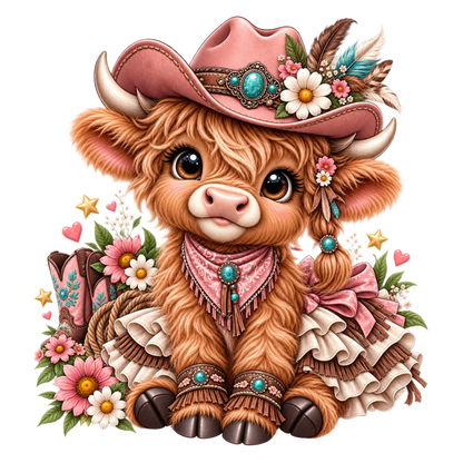 A cute graphic design cowgirl calf  wearing a pink cowboy hat with turquoise accents, a pink bandana, and floral decorations, shown on a plain white background.