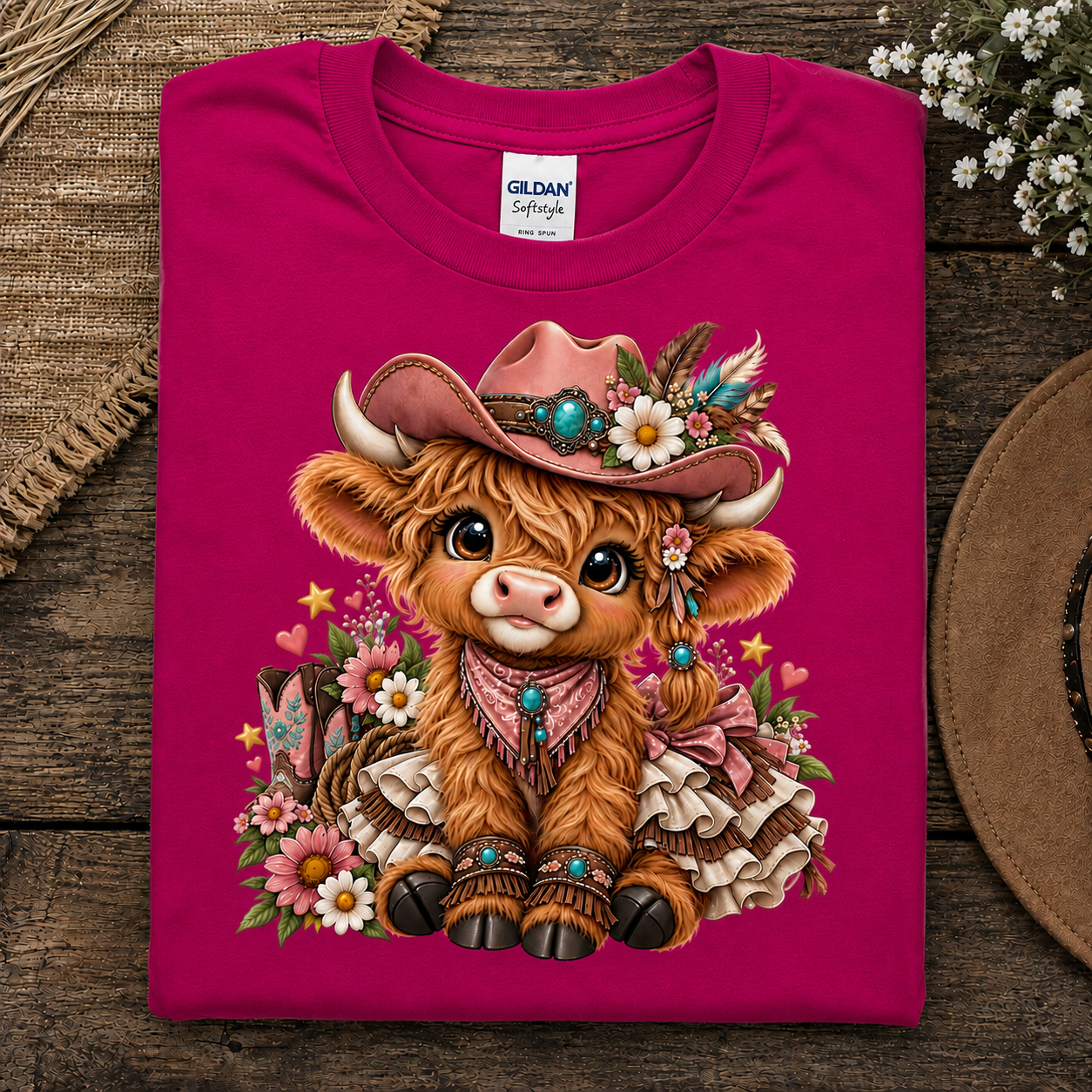 A folded Antique Heliconia Gildan Comfort Color t-shirt with a detailed graphic of a cute brown highland cow in a floral cowboy hat and bandana, displayed on a rustic wooden surface.