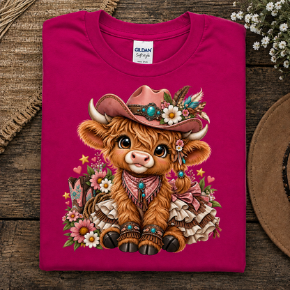 A folded Antique Heliconia Gildan Comfort Color t-shirt with a detailed graphic of a cute brown highland cow in a floral cowboy hat and bandana, displayed on a rustic wooden surface.