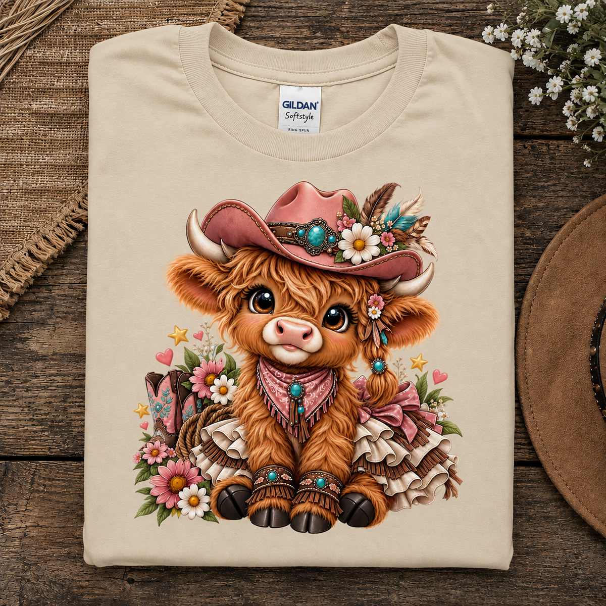 A folded natural Gildan Softstyle T-shirt with a colorful graphic of a cute brown highland cow wearing a pink cowboy hat and bandana, displayed on a rustic wooden surface with decorative flowers and burlap.