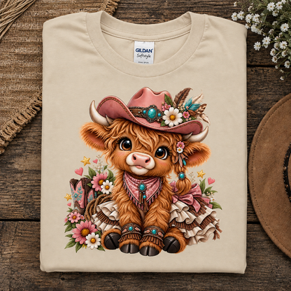 A folded natural Gildan Softstyle T-shirt with a colorful graphic of a cute brown highland cow wearing a pink cowboy hat and bandana, displayed on a rustic wooden surface with decorative flowers and burlap.