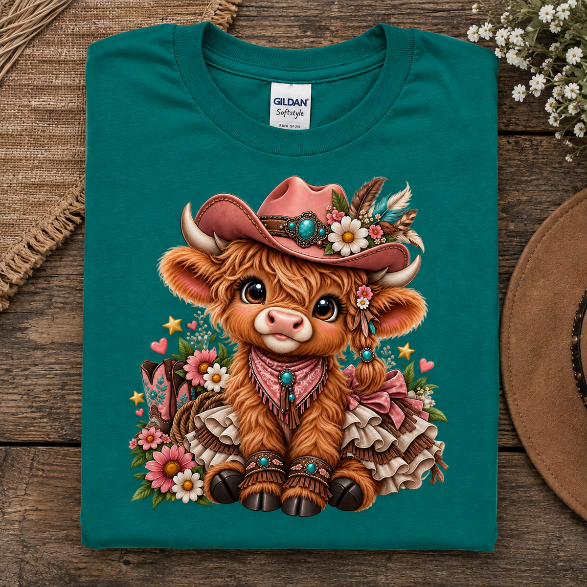 A sapphire folded Gildan Softstyle t-shirt with a detailed graphic of a cute brown highland cow wearing a pink cowboy hat and bandana, displayed on a rustic wooden surface.