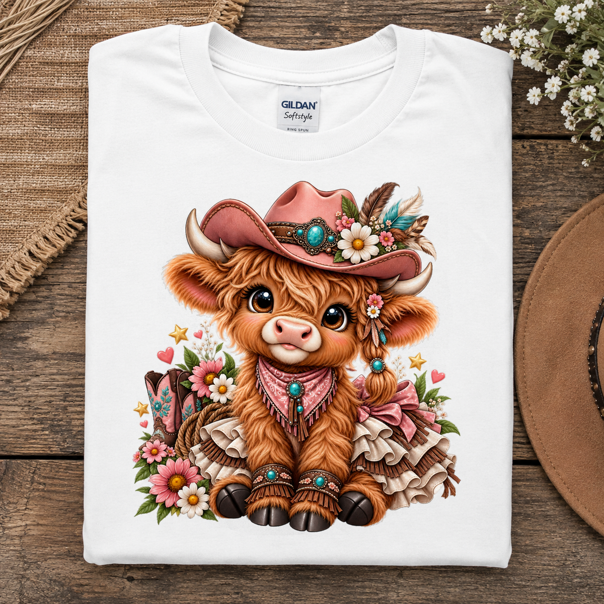 A folded white Gildan Softstyle T-shirt with a colorful graphic of a cute brown highland cow in a pink cowboy hat and bandana, surrounded by flowers, displayed on a rustic wooden surface.