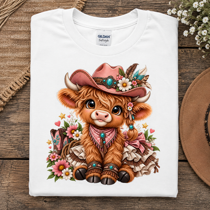 A folded white Gildan Softstyle T-shirt with a colorful graphic of a cute brown highland cow in a pink cowboy hat and bandana, surrounded by flowers, displayed on a rustic wooden surface.