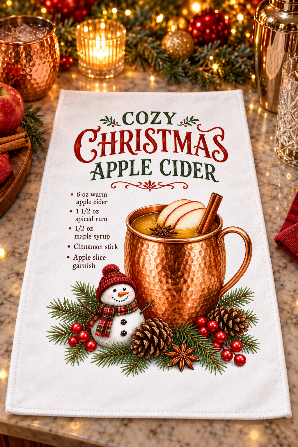 A white kitchen towel printed with a festive Christmas apple cider design, laid flat on a decorated holiday table with copper mugs, ornaments, and warm lights in the background.
