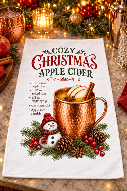 A white kitchen towel printed with a festive Christmas apple cider design, laid flat on a decorated holiday table with copper mugs, ornaments, and warm lights in the background.