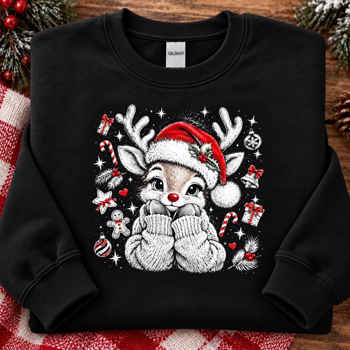 Cozy Christmas Reindeer Halftone with Red Accents Graphic T-Shirt & Sweatshirt