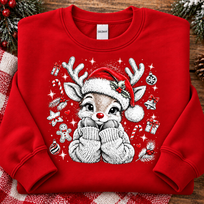Cozy Christmas Reindeer Halftone with Red Accents Graphic T-Shirt & Sweatshirt