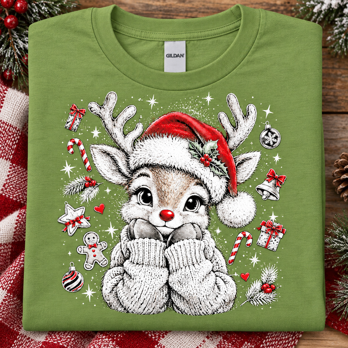A folded kiwi green Gildan t-shirt with a festive Christmas graphic of a cartoon reindeer wearing a Santa hat, surrounded by candy canes, ornaments, and gifts, displayed on a rustic wooden background with a red-and-white plaid blanket.