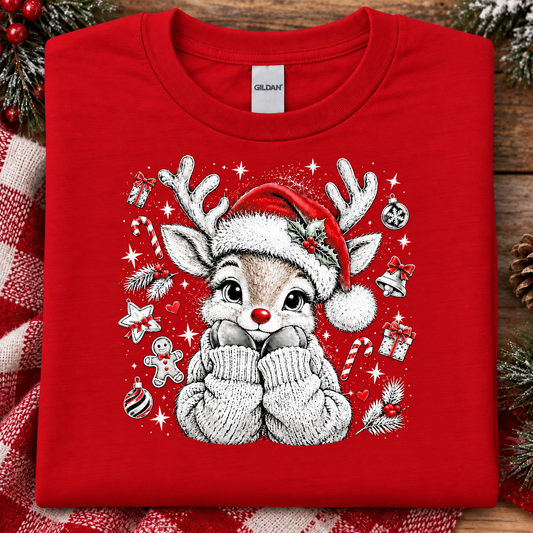 A folded red Gildan t-shirt with a festive Christmas graphic of a reindeer wearing a Santa hat and mittens, surrounded by holiday icons like candy canes and ornaments, displayed on a rustic wooden background with holiday decorations.