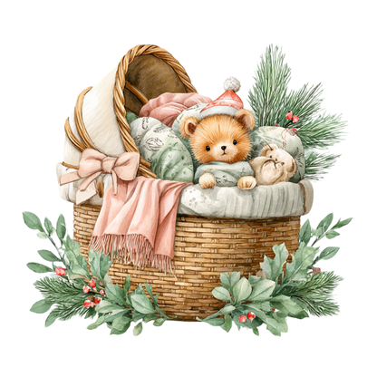 A watercolor-style illustration of a wicker baby carriage decorated for Christmas, filled with soft blankets and a small teddy bear wearing a Santa hat, surrounded by green pine branches and holly leaves on a white background.
