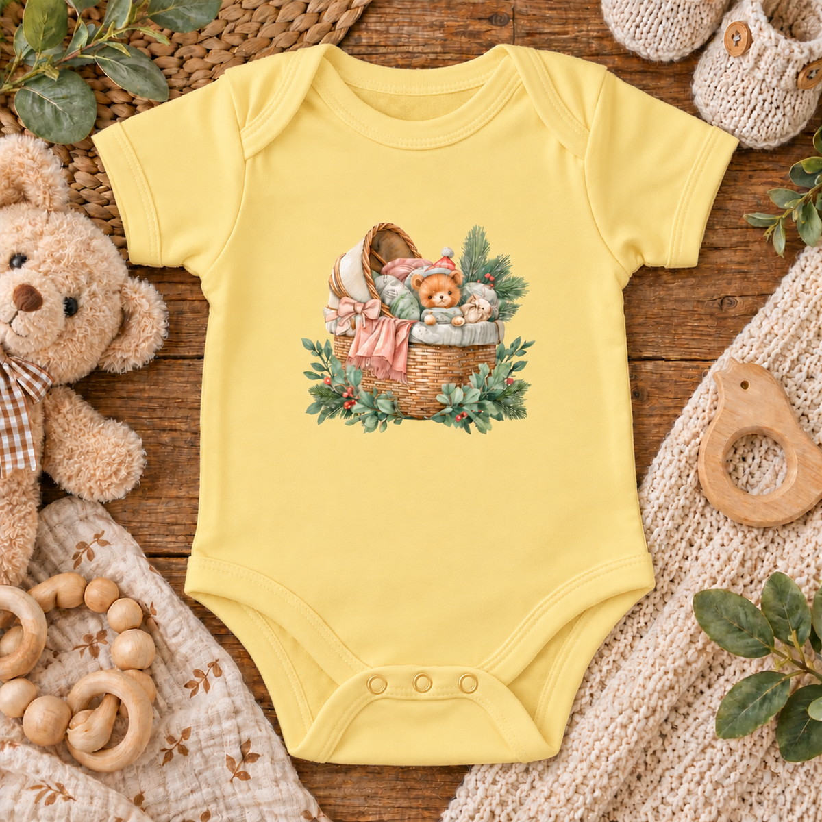 A pale yellow baby bodysuit laid flat on a rustic wooden surface, featuring a central graphic of a wicker basket filled with a teddy bear, pink ribbon, and green foliage. The bodysuit is styled with a plush teddy bear, knit socks, wooden teething rings, and a cream knit blanket.