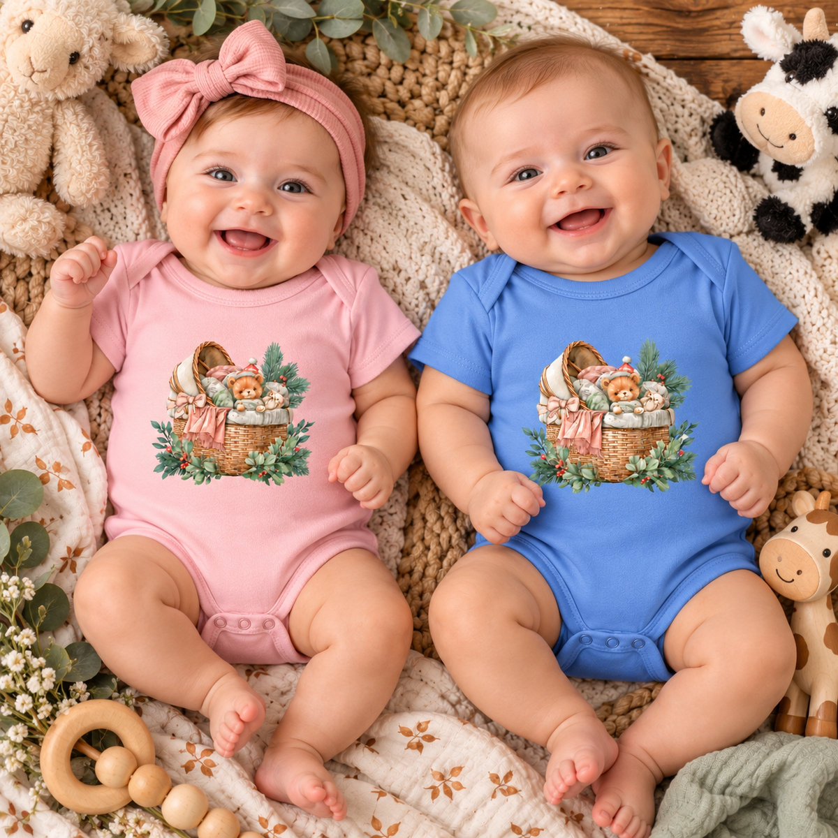 Two smiling babies lying side by side on a cozy knit blanket with stuffed toys. The baby on the left wears a pink short-sleeve bodysuit and matching pink bow headband, while the baby on the right wears a blue short-sleeve bodysuit.