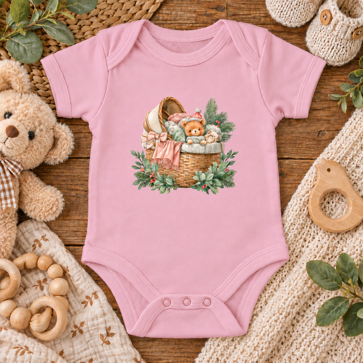 A light pink short-sleeve baby bodysuit laid flat on a rustic wooden surface, featuring a central graphic of a wicker basket filled with a teddy bear, baby carriage, and green foliage. The bodysuit is styled with a plush teddy bear, wooden rings, a knit blanket, and baby shoes around it.