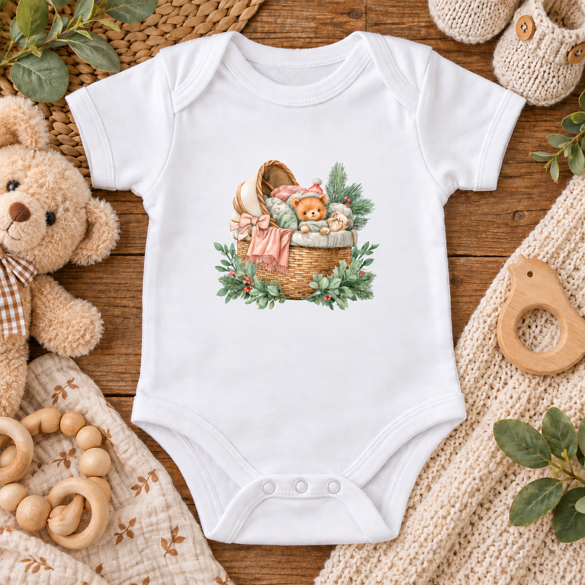 A white short-sleeve baby bodysuit laid flat on a rustic wooden surface, featuring a central illustration of a wicker basket with a teddy bear, pink ribbon, and green foliage. The bodysuit is styled with baby props including a plush teddy bear, wooden rings, a knit blanket, and green leaves.