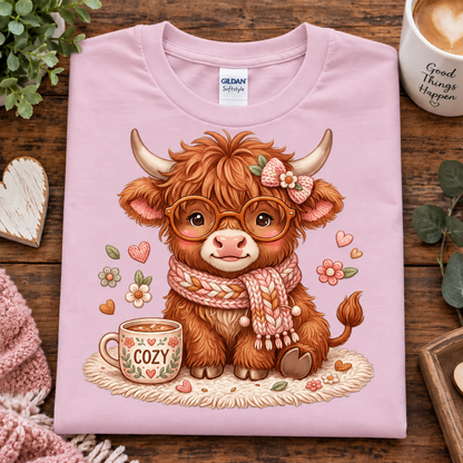 A folded light pink Gildan t-shirt with a cute cartoon Highland cow graphic, styled on a rustic wooden table with cozy props like a mug, knit blanket, and greenery.