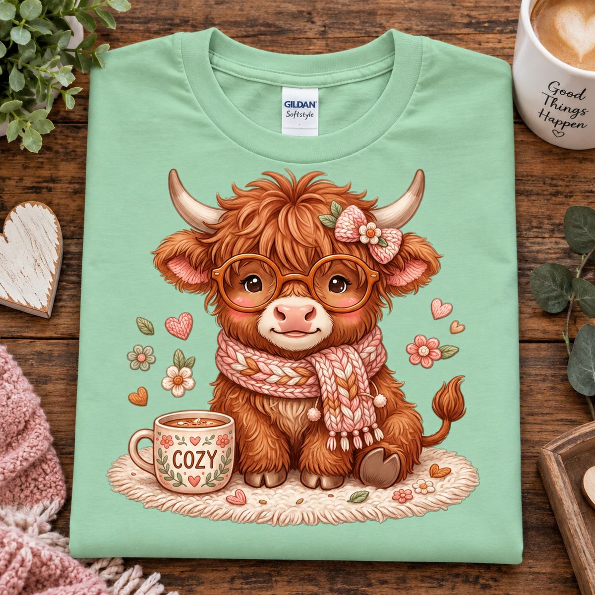 A mint green Gildan Softstyle t-shirt featuring a cute cartoon illustration of a fluffy Highland cow wearing round glasses and a pink knit scarf, sitting next to a cozy mug on a wooden table surrounded by lifestyle props.