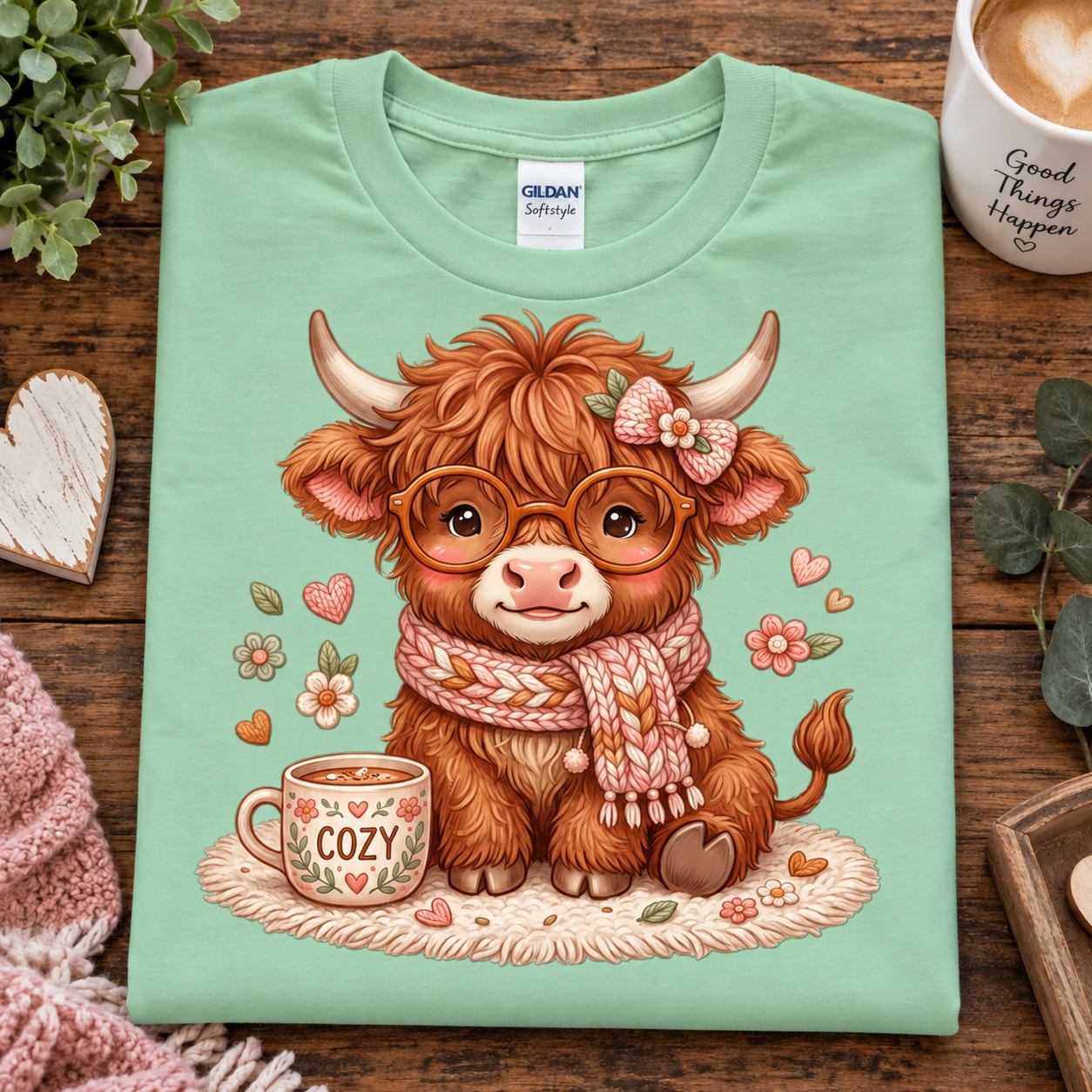 A mint green Gildan Softstyle t-shirt featuring a cute cartoon illustration of a fluffy Highland cow wearing round glasses and a pink knit scarf, sitting next to a cozy mug on a wooden table surrounded by lifestyle props.