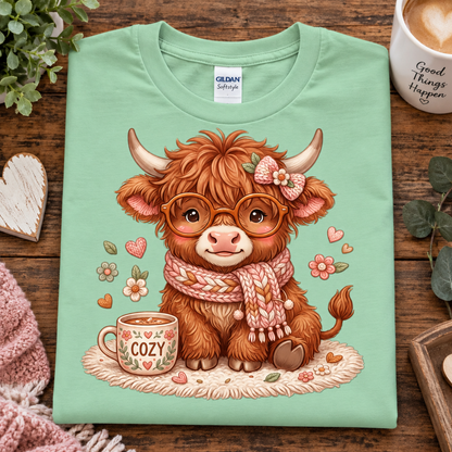 A mint green Gildan Softstyle t-shirt featuring a cute cartoon illustration of a fluffy Highland cow wearing round glasses and a pink knit scarf, sitting next to a cozy mug on a wooden table surrounded by lifestyle props.