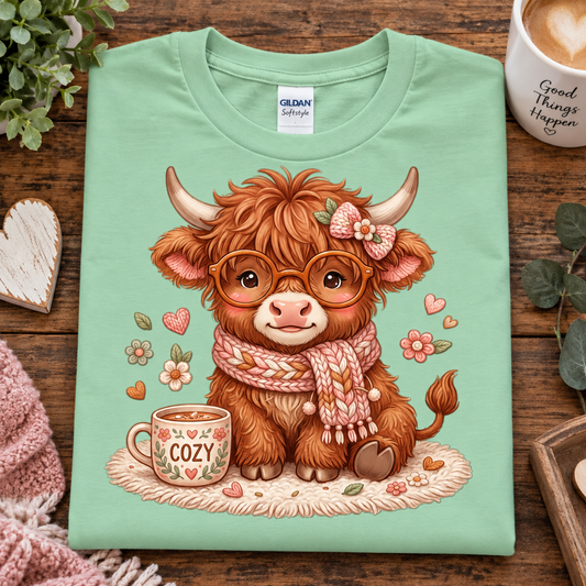 A mint green Gildan Softstyle t-shirt featuring a cute cartoon illustration of a fluffy Highland cow wearing round glasses and a pink knit scarf, sitting next to a cozy mug on a wooden table surrounded by lifestyle props.