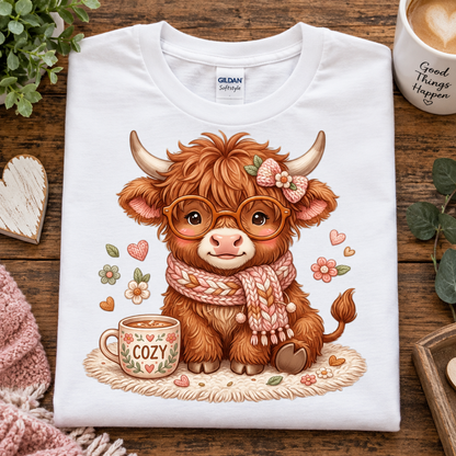 A white Gildan t-shirt laid flat on a rustic wooden table, featuring a cute cartoon illustration of a fluffy brown Highland cow wearing round glasses, a pink bow, and a pink knit scarf, sitting next to a cozy mug.