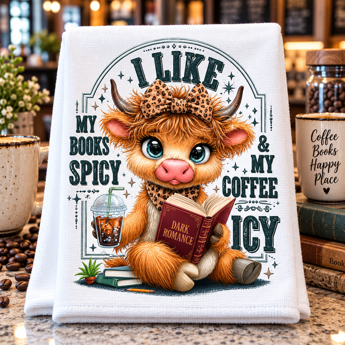 A white kitchen towel with a colorful cartoon illustration of a fluffy orange cat wearing a leopard-print bow and holding an open book, surrounded by the text 'I LIKE MY BOOKS SPICY & MY COFFEE ICY'. 
