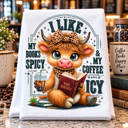 A white kitchen towel with a colorful cartoon illustration of a fluffy orange cat wearing a leopard-print bow and holding an open book, surrounded by the text 'I LIKE MY BOOKS SPICY & MY COFFEE ICY'. 