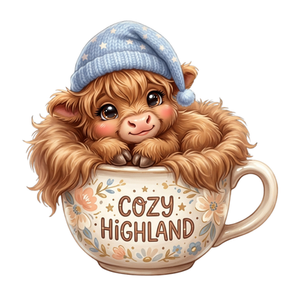 A cute fluffy brown highland cow sitting inside a cream-colored teacup with floral details and the words 'COZY HIGHLAND' on the front, wearing a light blue knit hat with stars. The background is solid white.