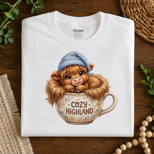 A folded white Gildan t-shirt with a cute graphic of a fluffy brown Scottish highland cow wearing a blue knit hat and sitting in a floral mug with the text 'COZY HIGHLAND'. The shirt is styled flat on a dark wood background with decorative greenery, a woven mat, and wooden beads.